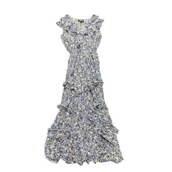 Saloni Lizzie Silk Maxi Dress Blue Ruffle Floral Sleeveless V Neck Tie Waist XS - Picture 5 of 14